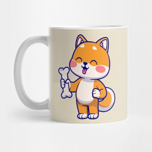 Cute Shiba Inu Dog Holding Bone Cartoon Mug